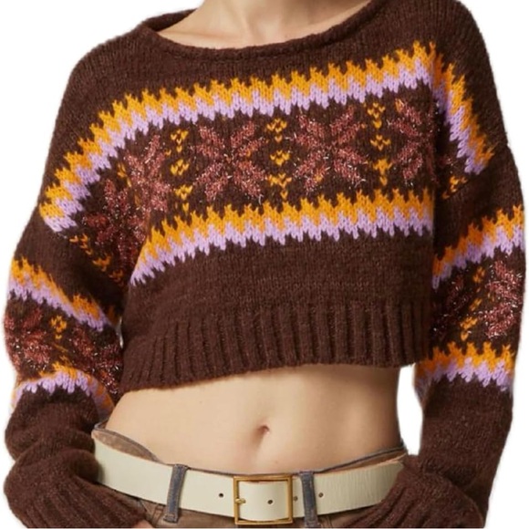 Urban Outfitters Cropped Sweater Women Size M Brown Pink Yellow FairIsle NWOT - Picture 2 of 11